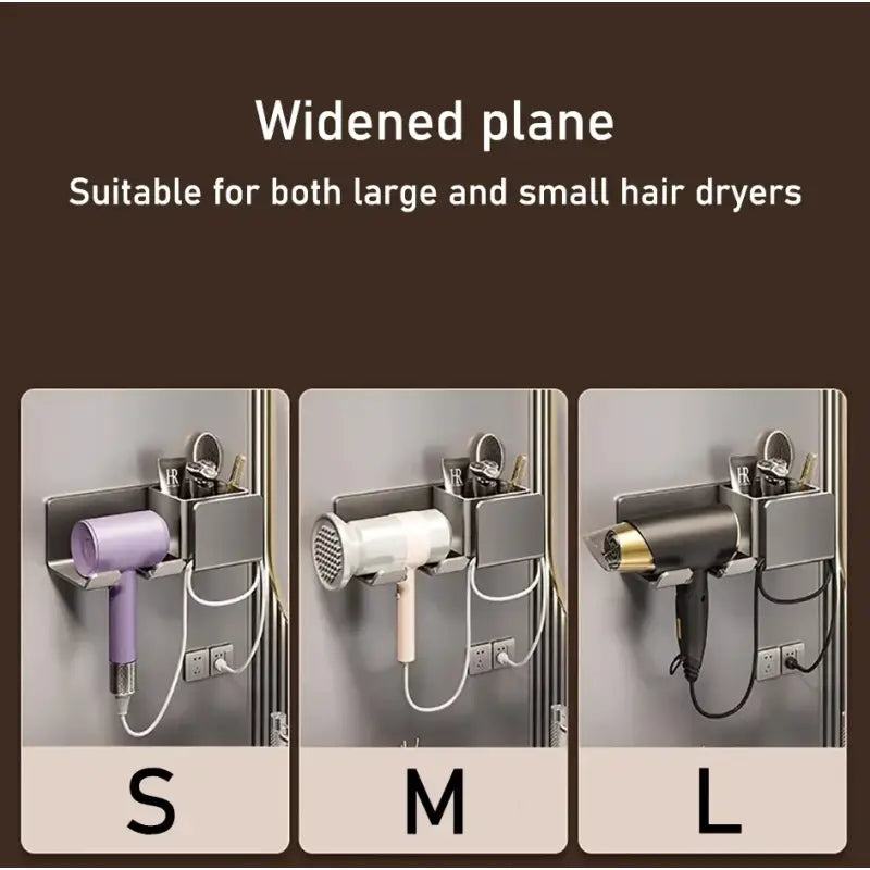 three different types of hair dryers on a wall