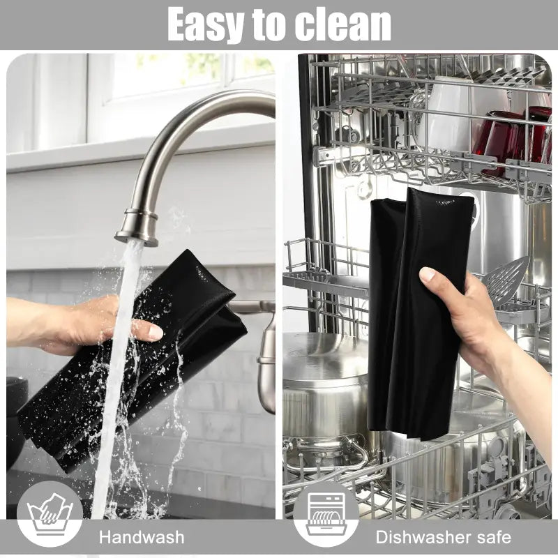 a hand is holding a black cloth over the sink