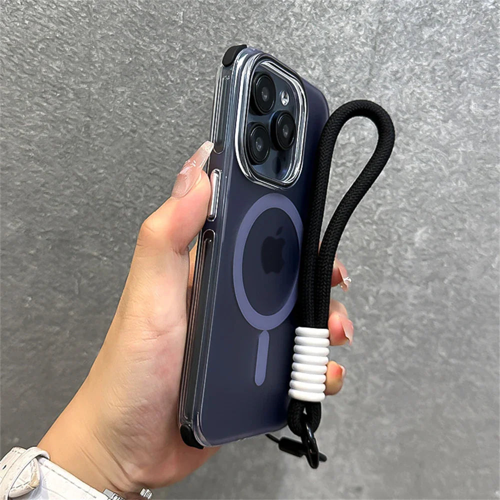 Hand holding a clear iPhone case with a black lanyard.