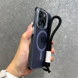 Hand holding a clear iPhone case with a black lanyard.