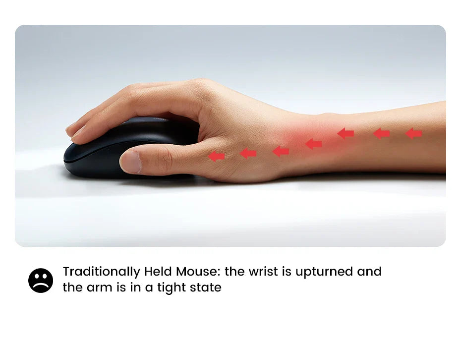 Hand resting on a computer mouse with red dots indicating strain along the forearm.