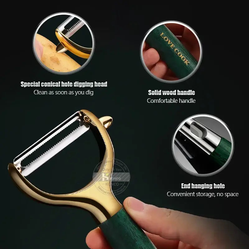 a hand held with a green handle and a gold handle