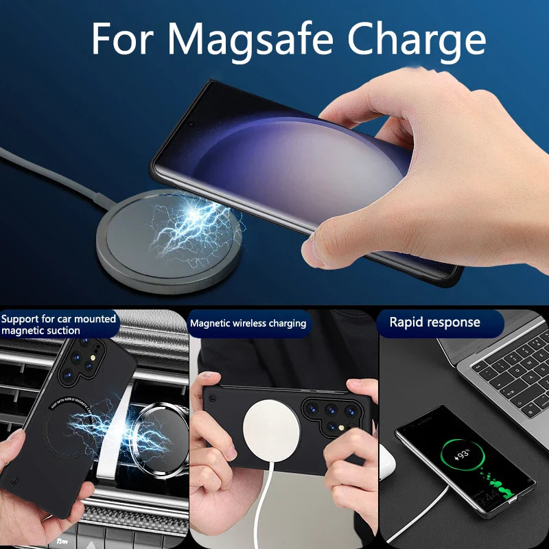 Frameless Magsafe Wireless Charging Case for Samsung S23 S22 S21 S20 Plus Ultra FE S10 S9 Shockproof Magnetic Hard PC Cover