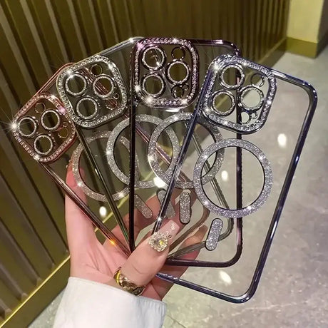 A hand holding a phone case with a bunch of diamonds