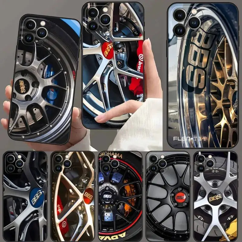 A hand holding a phone case with a variety of wheels
