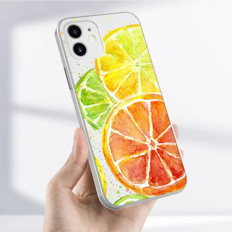 A hand holding a phone case with a watercolor painting of a lemon