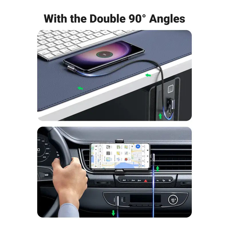 a hand holding a phone in the center of a car