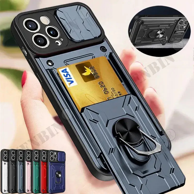 A hand holding a phone with a credit card holder