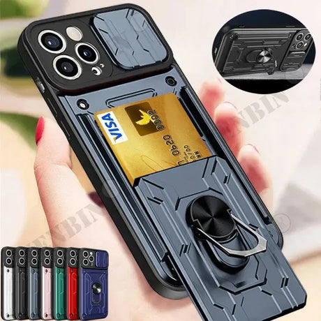 A hand holding a phone with a credit card holder
