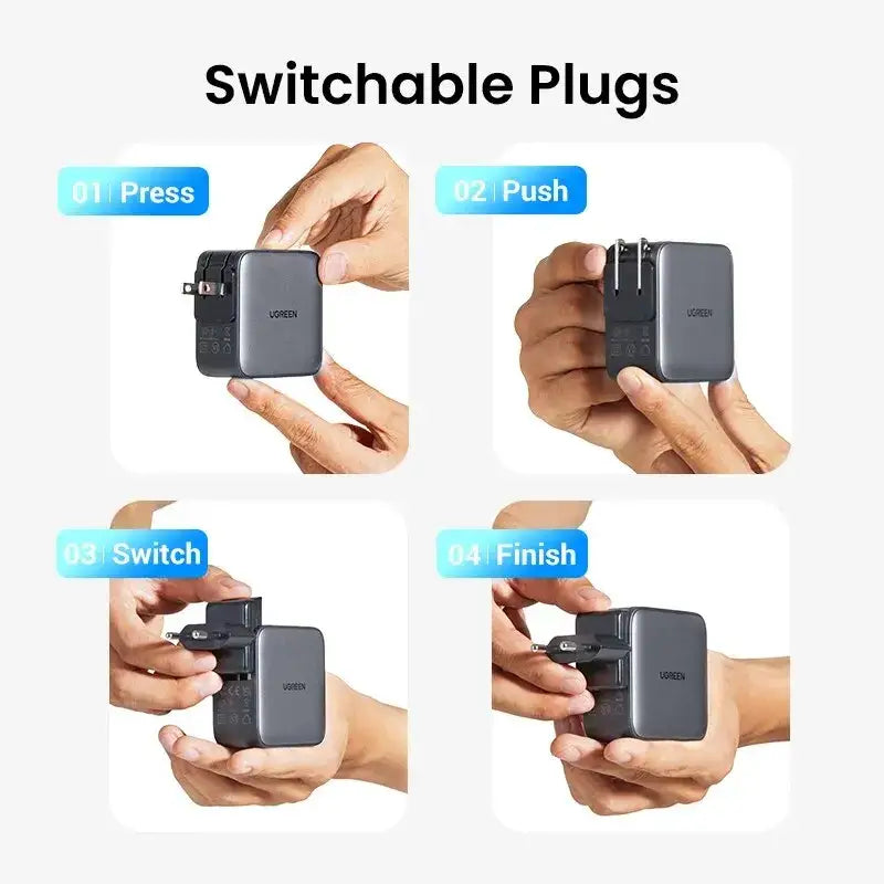 a hand holding a small device with four different images