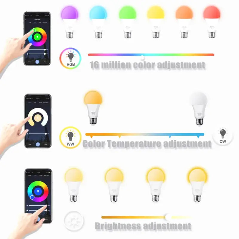 a hand holding a smart light bulb with different colors