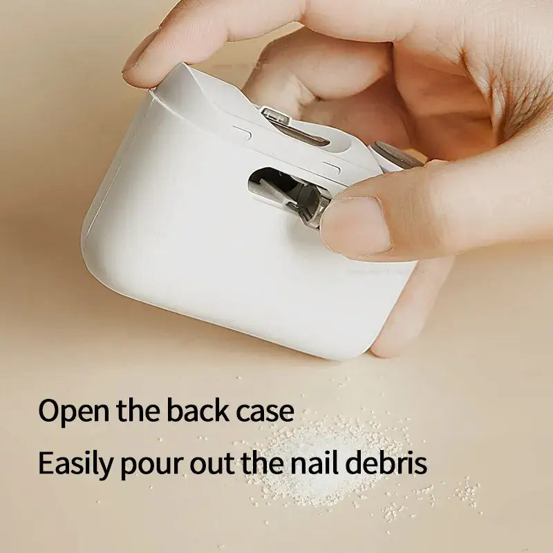 a hand is opening a white container with a small white object