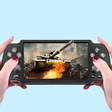 Handheld gaming device displaying a tank battle scene.