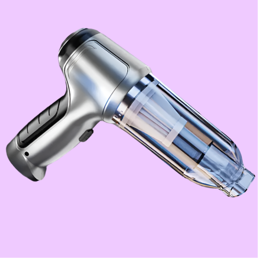 Handheld electric mixer or blender with a transparent attachment.