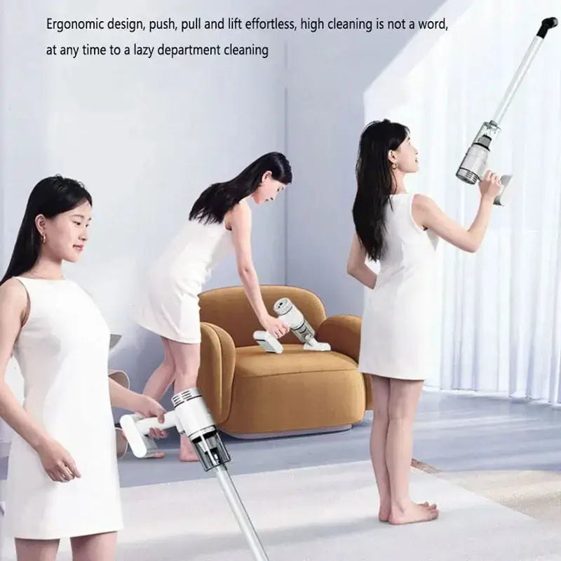 a woman in white dress holding a vacuum cleaner