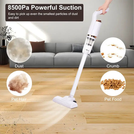 a person vacuuming a wooden floor with a vacuum cleaner