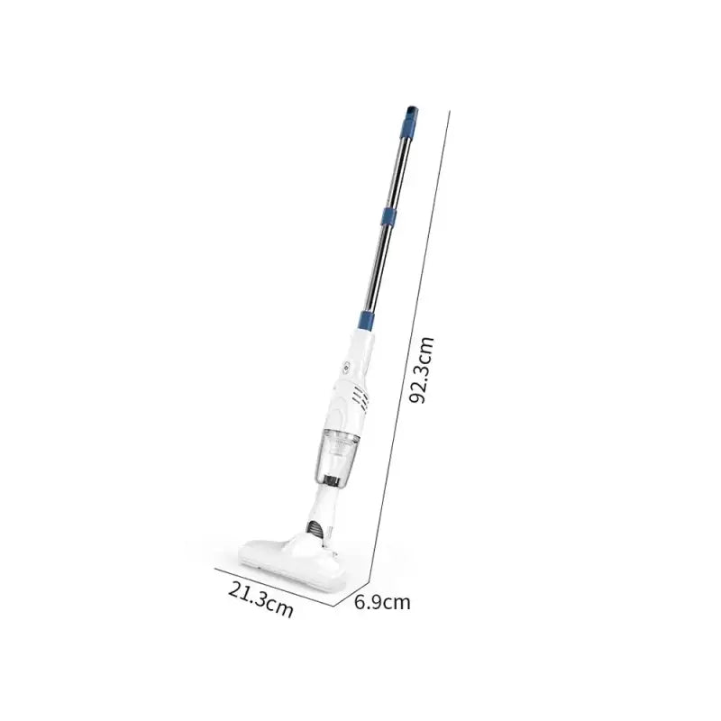 a white and blue vacuum cleaner with a blue handle