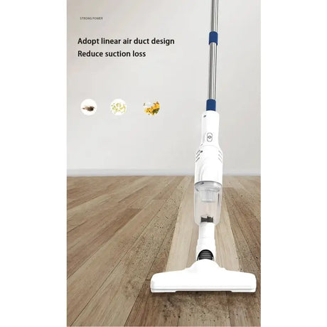 a white and blue vacuum cleaner on a wooden floor