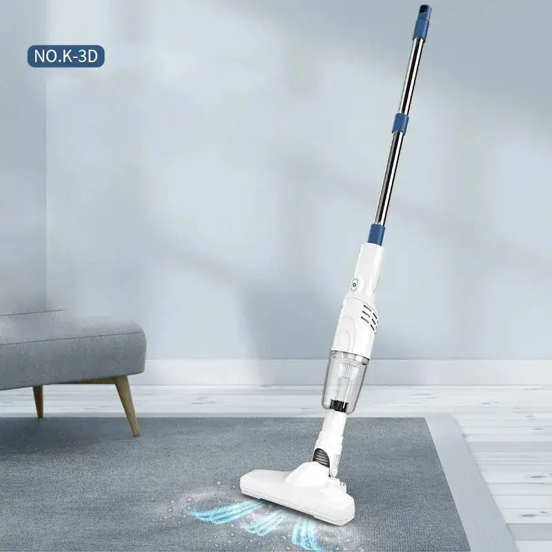 a white and blue vacuum cleaner on a carpet