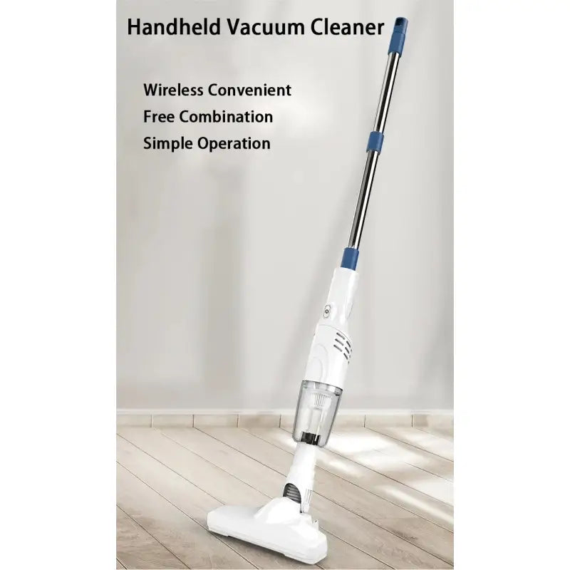a white and blue vacuum cleaner on a wooden floor