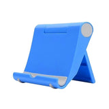 a blue tablet stand with a white button