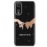 two hands touching over the text never to me on a black phone case