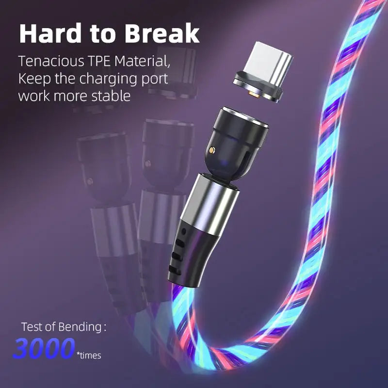 the usb usb cable is shown with a glowing blue and pink led