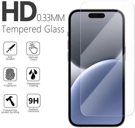 HD 0.33mm tempered glass screen protector for a smartphone, featuring anti-scratch, delicate touch, anti-fingerprint, oleophobic coating, and 9H surface hardness to prevent screen bursting.