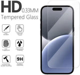 HD 0.33mm tempered glass screen protector for a smartphone, featuring anti-scratch, delicate touch, anti-fingerprint, oleophobic coating, and 9H surface hardness to prevent screen bursting.
