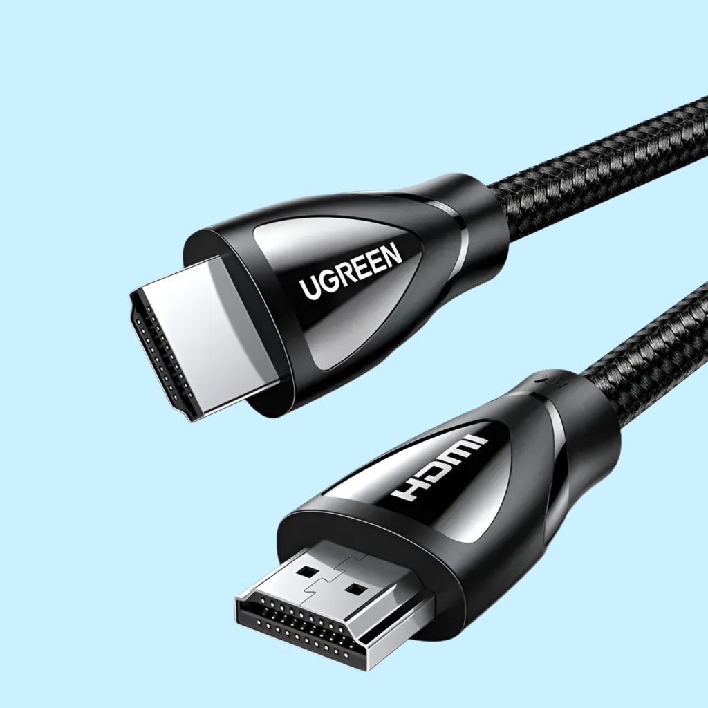 HDMI cable with braided black cord and UGREEN branding on the connectors.