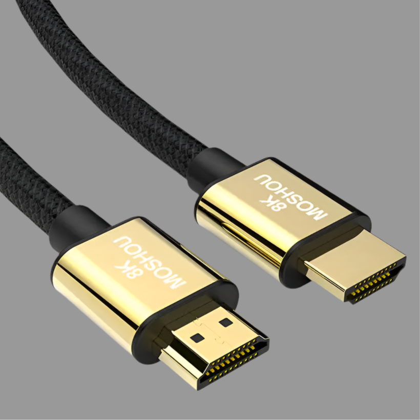 HDMI cable with gold-plated connectors and black braided cord.