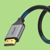 HDMI cable with a metallic connector and black cord featuring blue accents.