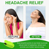 a woman with her head in her hands, and the words headache relief before and after