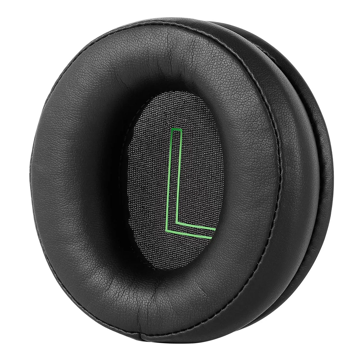 Headphone ear cushion with a green ’L’ symbol visible on the speaker mesh.