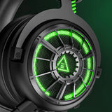 Gaming headphone earcup with glowing green LED lights in a circular pattern.