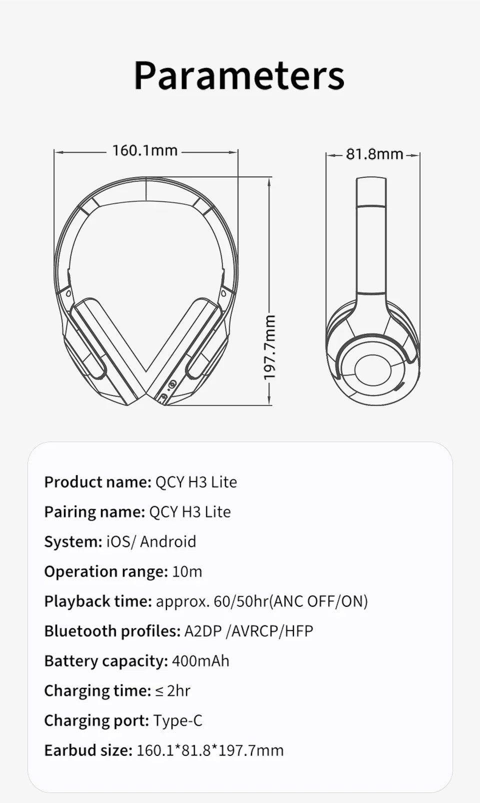 Headphone parameters and specifications.