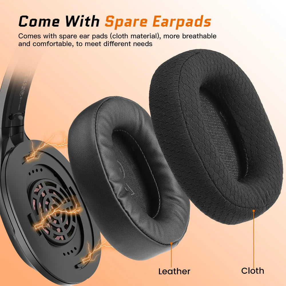 Headphones with detachable leather and cloth ear pads.