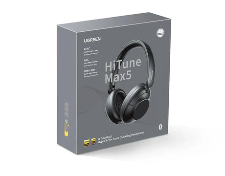 Headphones in a gray box.