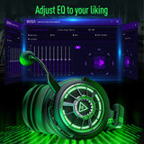 Futuristic-looking headphones with glowing green accents and a circular design element.