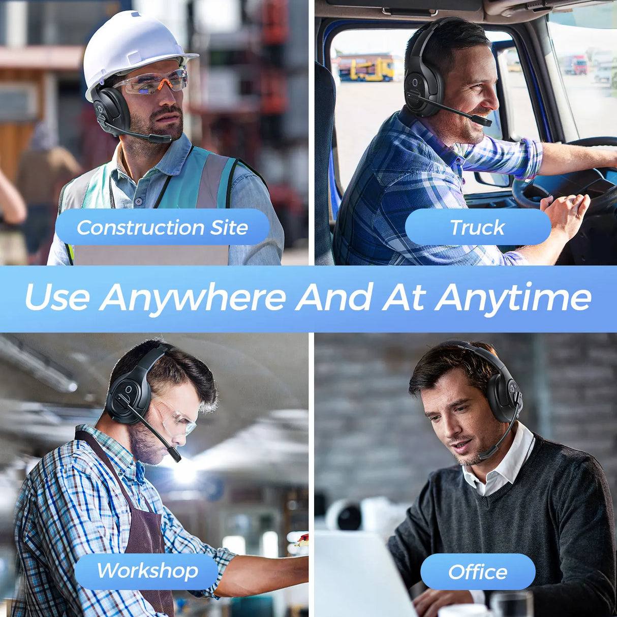 Headphones or headsets being used in different work environments.