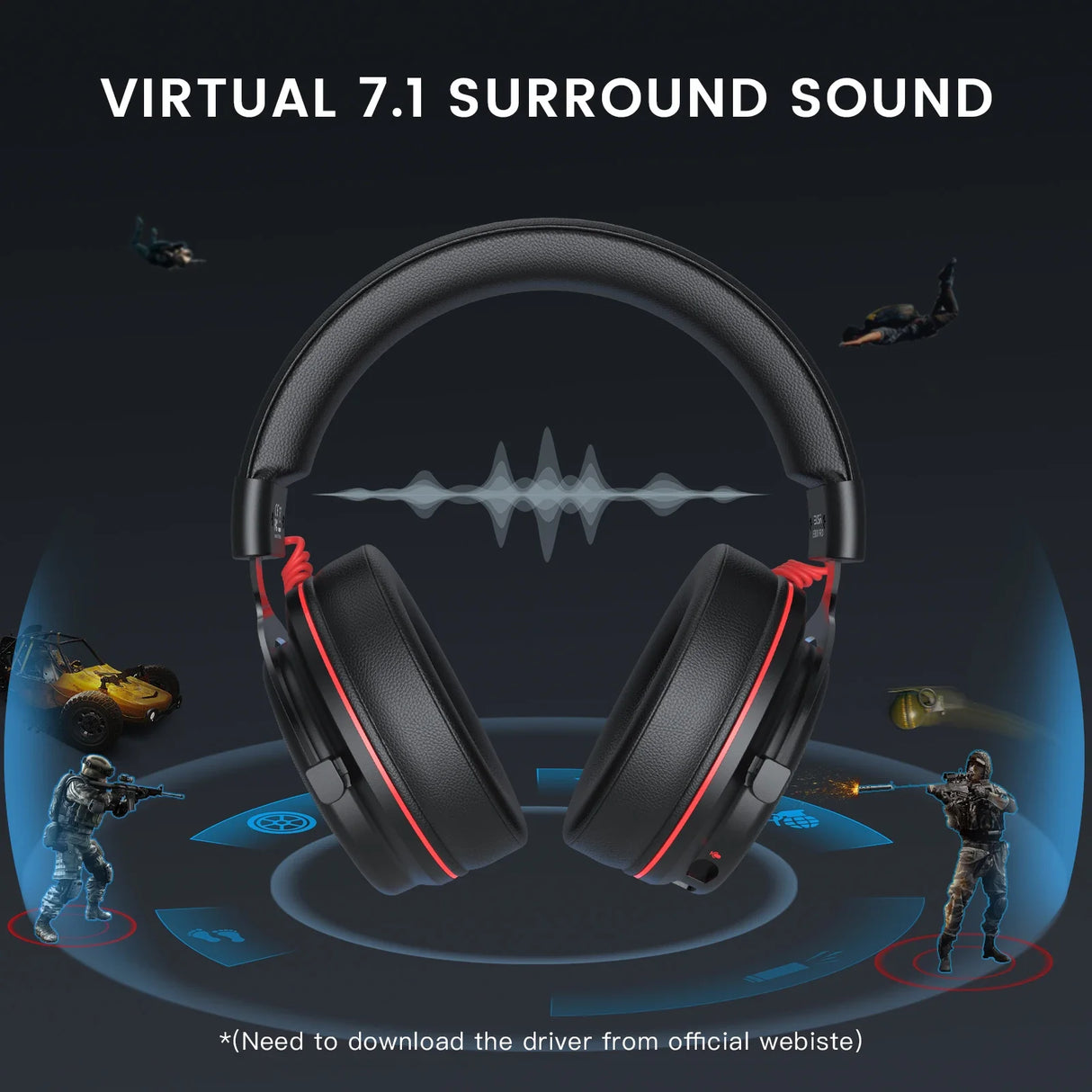 Gaming headphones with red accents and a sound wave visualization between the ear cups.