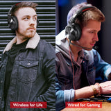 Headphones shown in two different usage scenarios: wireless for everyday life and wired for gaming.