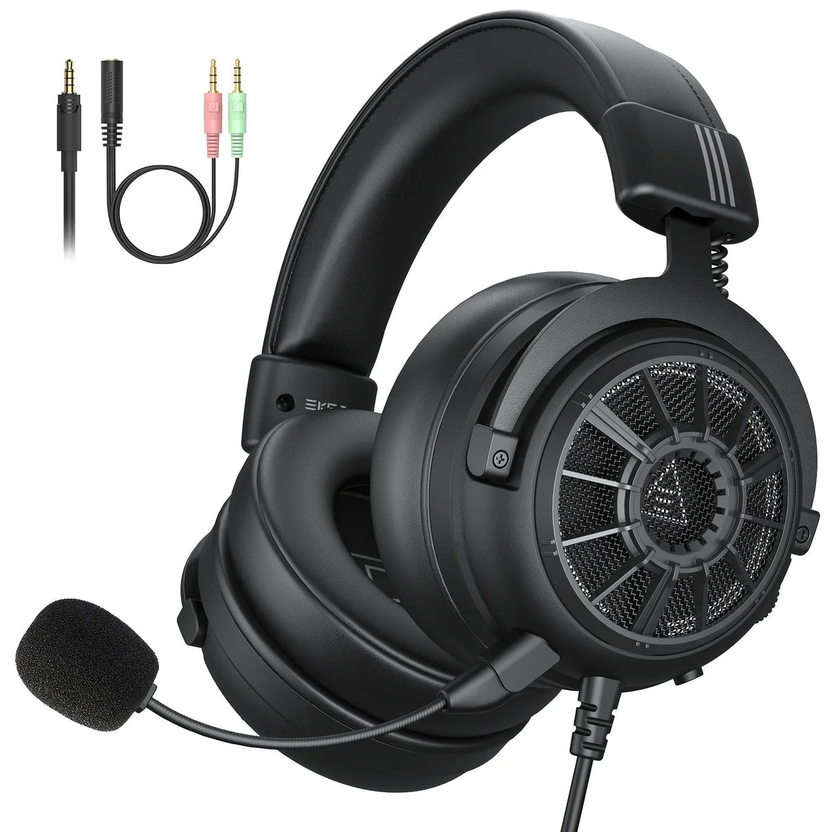 Gaming headset with attached microphone and open-back ear cups.