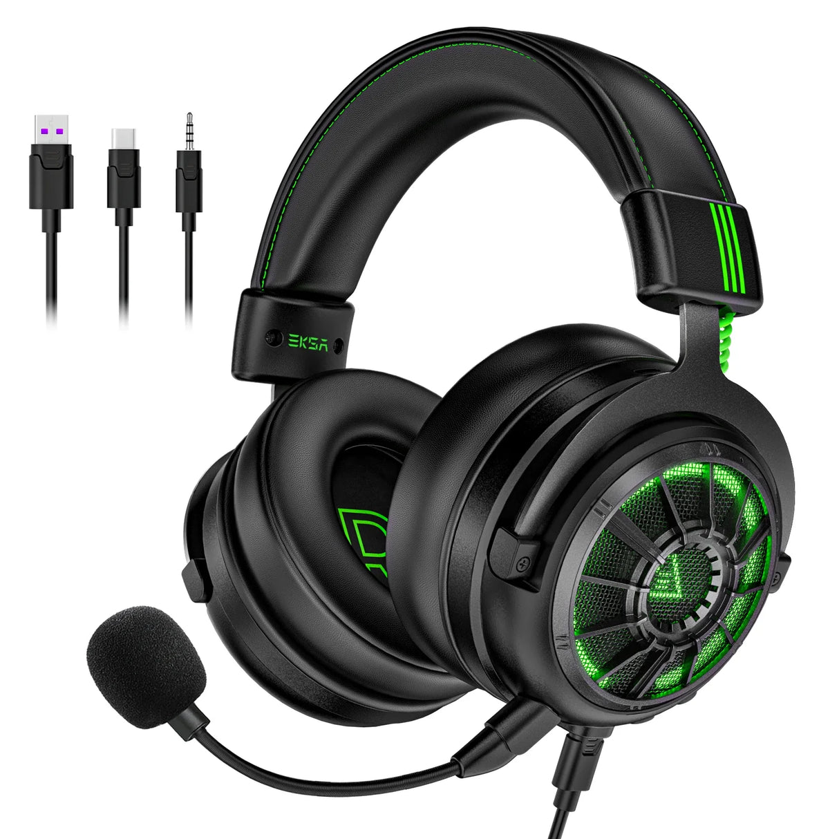 Gaming headset with black ear cups and green LED lighting accents.