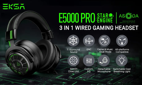 Gaming headset with black and green color scheme featuring ’E5000 PRO’ branding.