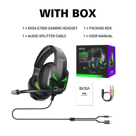 Gaming headset with black and green color scheme featuring a microphone.