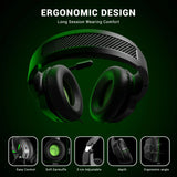 Gaming headset with black and green color scheme featuring ergonomic design elements.