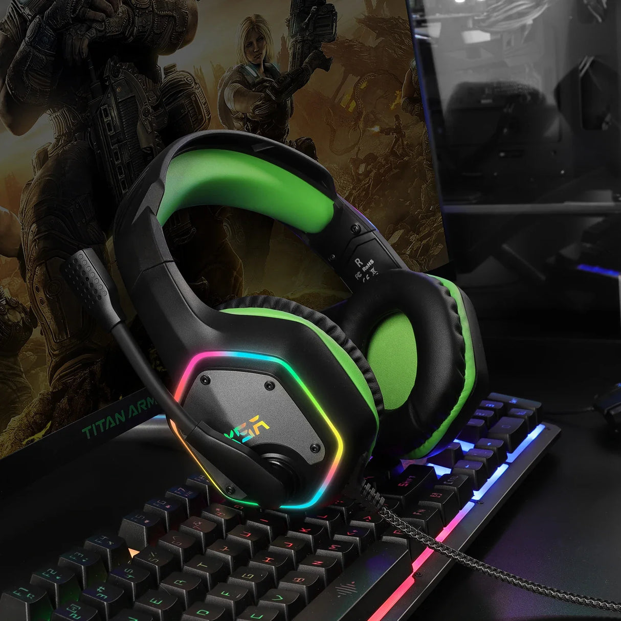 Gaming headset with black and neon green coloring and RGB lighting accents.