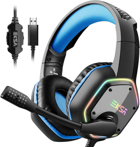 Gaming headset with blue accents and RGB lighting.