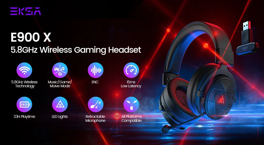 Gaming headset with blue illumination and a wireless USB dongle.